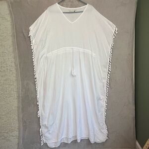 Peruvian Cotton Resortwear White Maxi Kaftan Cover Up Fringe Sz M Made in Peru